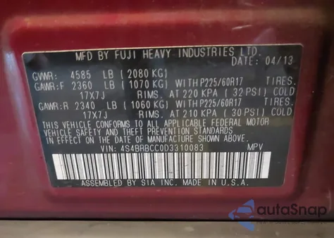 2013 Subaru Outback 2.5I Premium z USA, uszkodzony, nr VIN 4S4BRBCC0D3310083